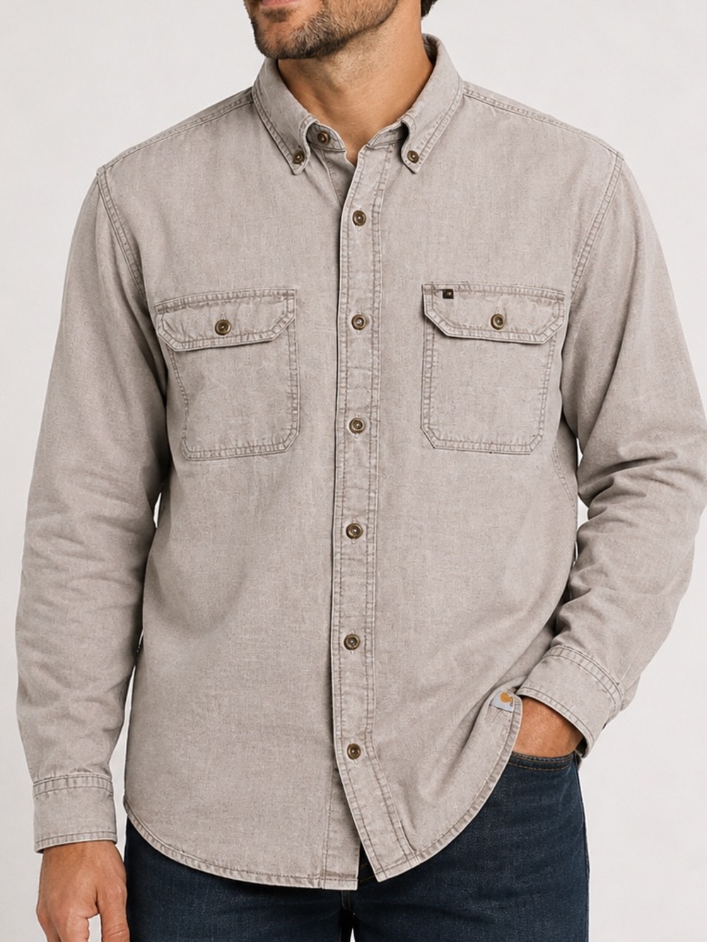 Carhartt Men’s M Relaxed Fit Taupe Button Front Work Shirt